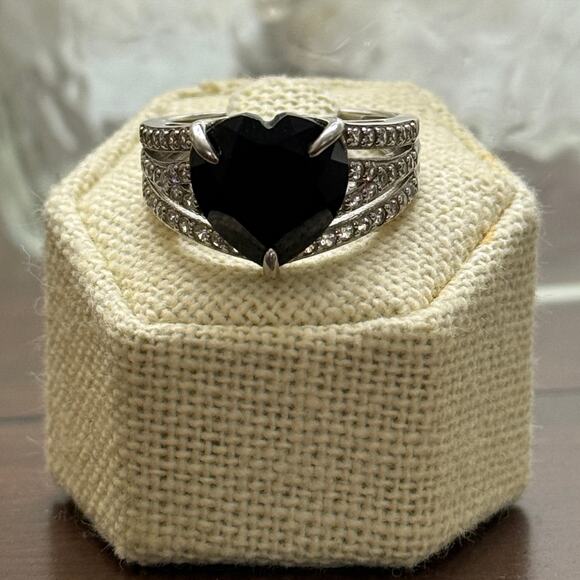 5.99CT OVAL BLACK SPINEL 0.75CTW ROUND WHITE CZ RHODIUM OVER STERLING SZ 8 - Picture 3 of 7